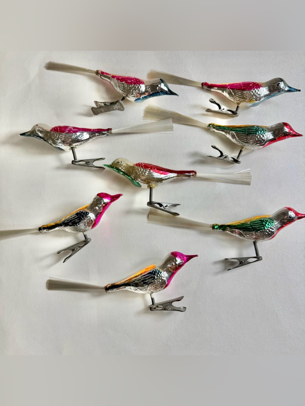 8 Vintage Mercury Glass Clip On Bird Christmas Tree Ornaments With Spun Tails